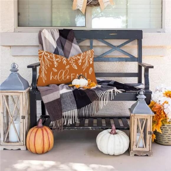 Fall Pumpkin Lumbar Pillow Cover 12x20 Hello Autumn Farmhouse Cushion for Sofa C - Picture 4 of 6
